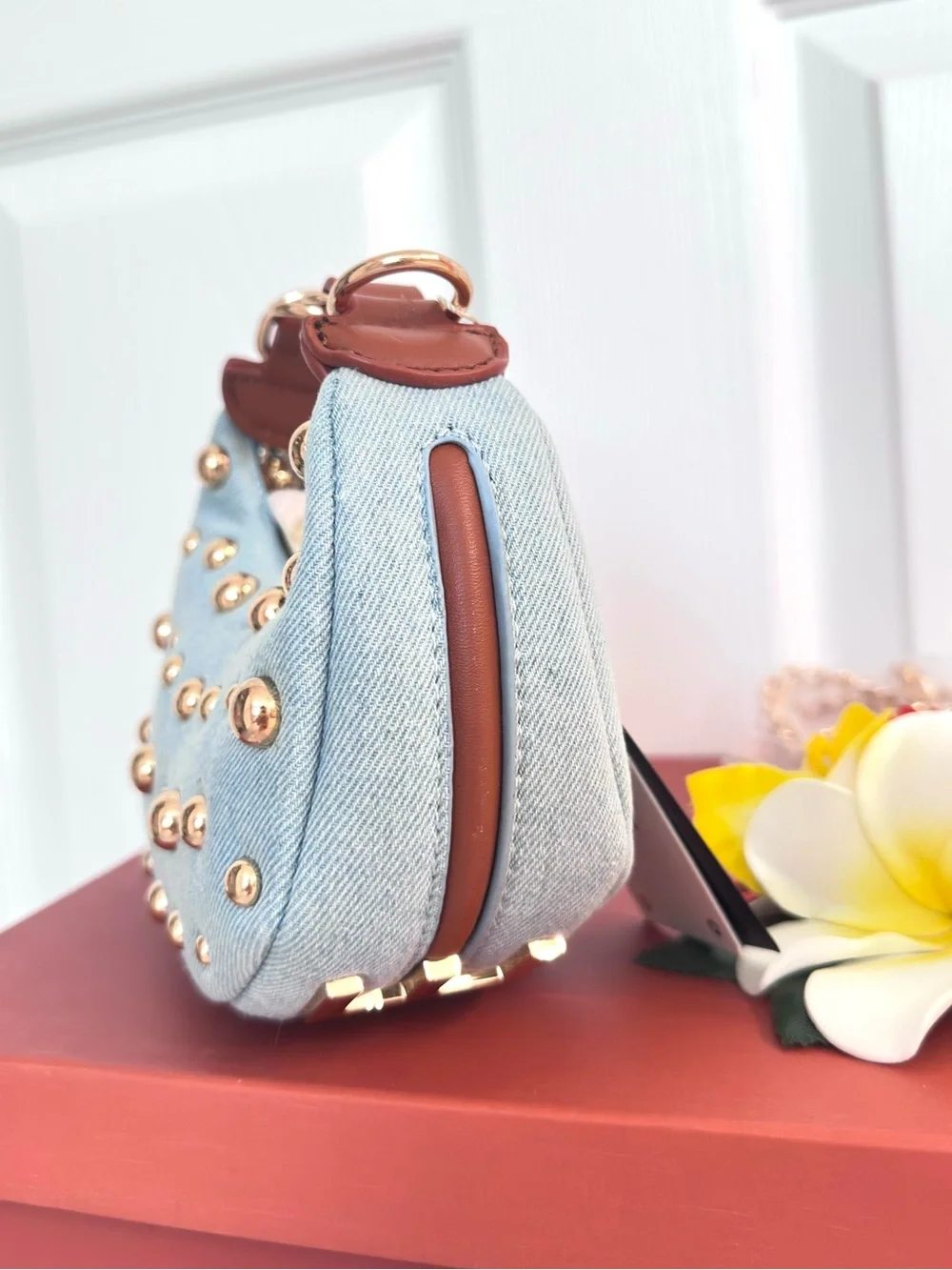 LE MIEL ~ Light Wash Denim Gold Studded Mini Bag w/Crossbody Chain Vegan PU